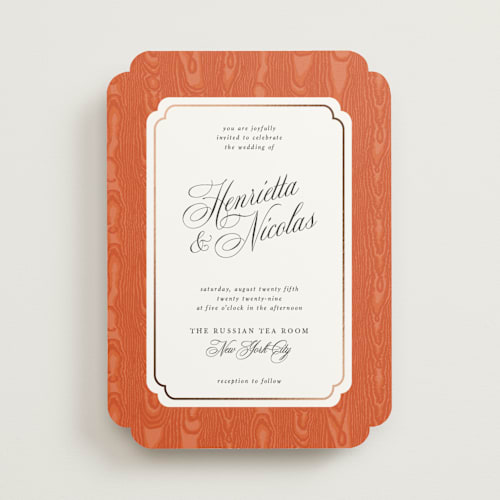 This is a pumpkin foil stamped wedding invitations with foil pressed by Studio Suku called moiré printing on signature in standard