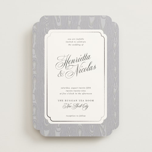 This is a smoke foil stamped wedding invitations with foil pressed by Studio Suku called moiré printing on signature in standard