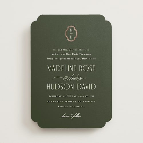 This is a pine foil stamped wedding invitations with foil pressed by Ashlee Townsend called monatuk printing on signature in standard