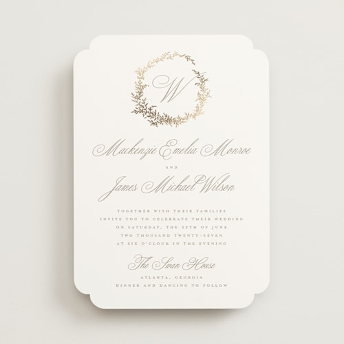 This is a chantilly foil stamped wedding invitations with foil pressed by Wildfield Paper Co called romantic wreath printing on signature in standard