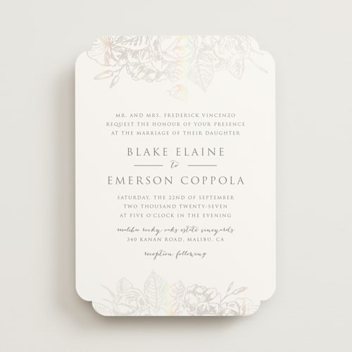 This is a cool grey gloss press wedding invitations with gloss press by Rochelle Renee called gilded wildflowers printing on signature in standard