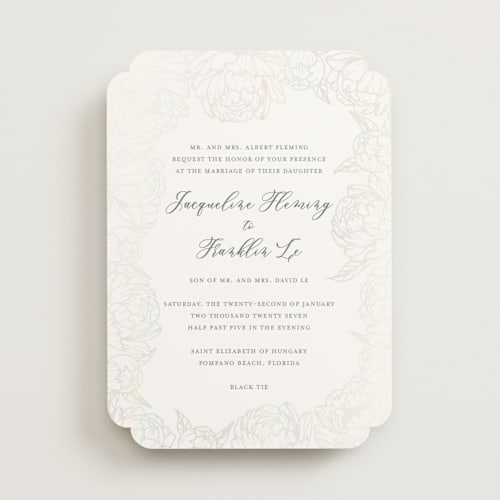 This is a mist gloss press wedding invitations with gloss press by Amy Ngo called blooming peonies printing on signature in standard