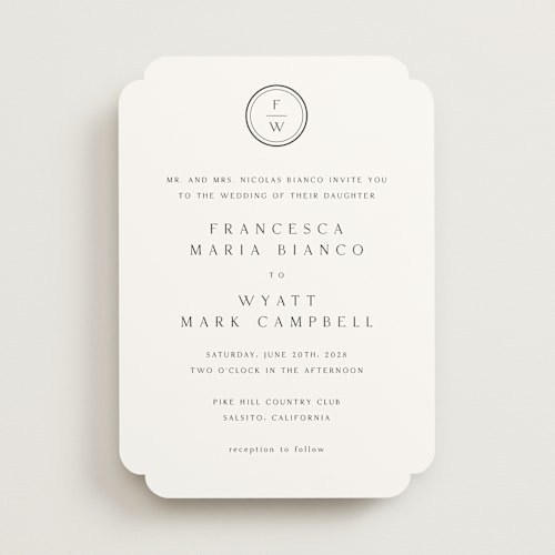 This is a cotton wedding invitations with standard by Stacey Meacham called circle monogram printing on signature in standard