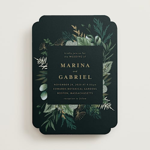 This is a emerald wedding invitations with standard by Susan Moyal called enchanted greenery printing on signature in standard