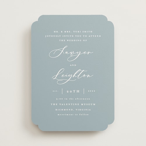 This is a dusty blue wedding invitations with standard by Carly Reed Walker called eternal printing on signature in standard