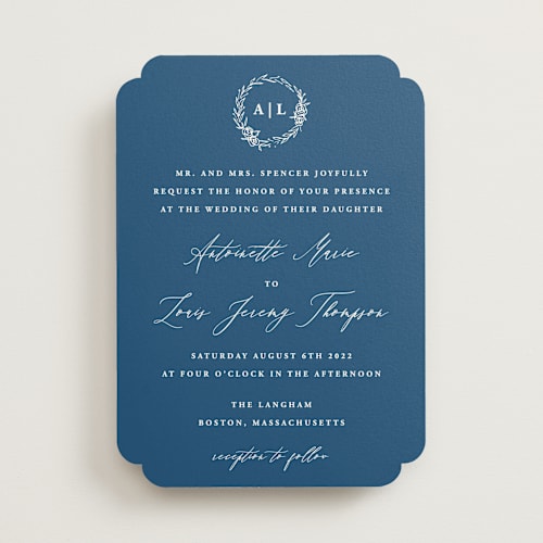 This is a royal blue wedding invitations with standard by lulu and isabelle called antoinette printing on signature in standard