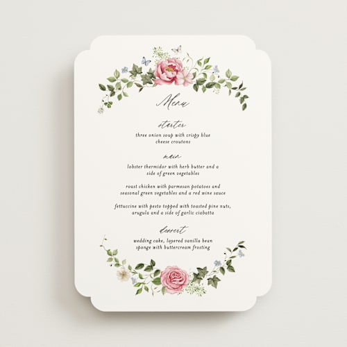 This is a peony menu cards with standard by Sarah Knight called ornate printing on signature in 5x7