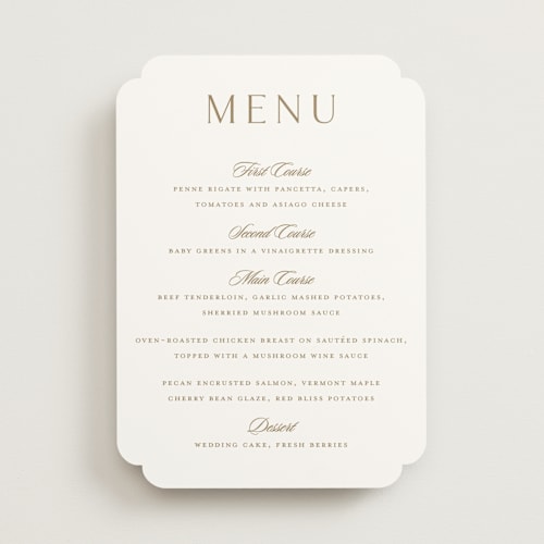 This is a golden menu cards with standard by Stacey Meacham called classic decorum printing on signature in 5x7