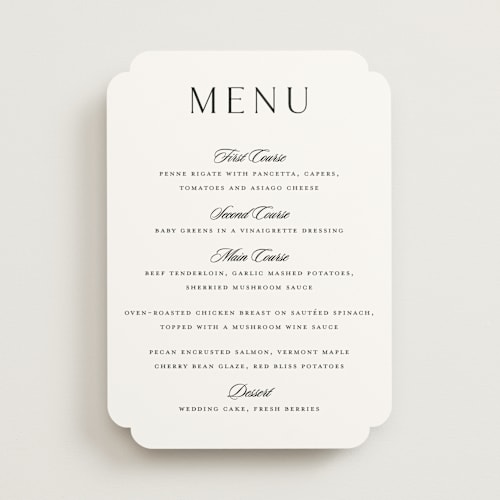 This is a cloud menu cards with standard by Stacey Meacham called classic decorum printing on signature in 5x7