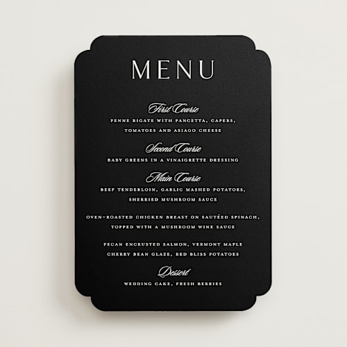 This is a evening menu cards with standard by Stacey Meacham called classic decorum printing on signature in 5x7