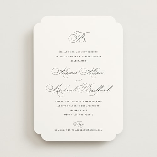 This is a pearl rehearsal dinner invitations with standard by Jennifer Postorino called initial printing on signature in standard
