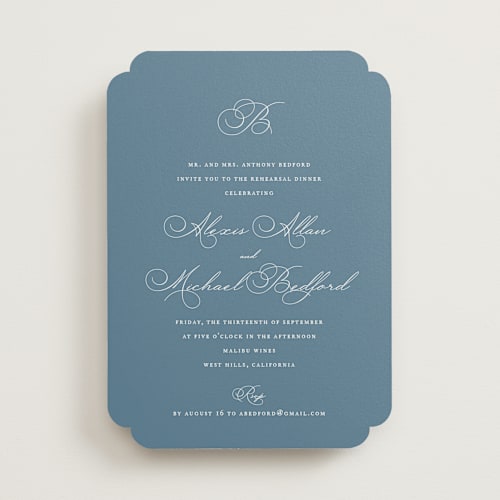 This is a porcelain rehearsal dinner invitations with standard by Jennifer Postorino called initial printing on signature in standard