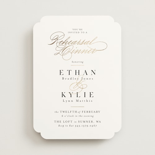 This is a alabaster rehearsal dinner invitations with foil pressed by Itsy Belle Studio called demi printing on signature in standard