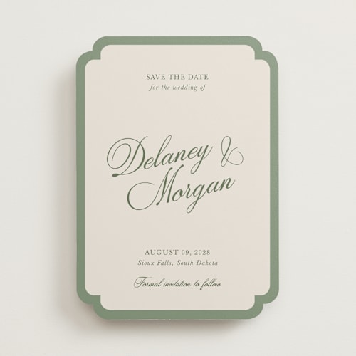 This is a olive save the date with standard by Cass Loh called classic bold border printing on signature in standard