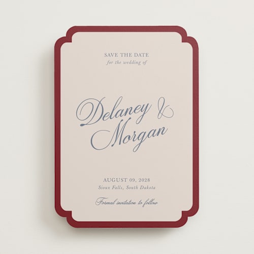 This is a burgundy save the date with standard by Cass Loh called classic bold border printing on signature in standard