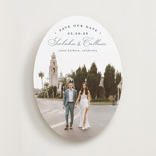 This is a navy save the date with standard by Erica Krystek called arched type printing on recycled smooth signature in standard