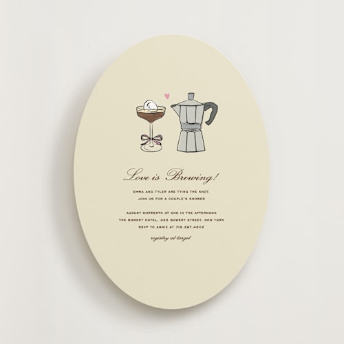 This is a cream bridal shower invitations with standard by Jennifer Lew called espresso printing on signature in standard