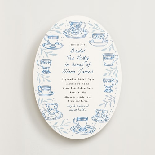 This is a periwinkle bridal shower invitations with standard by Alethea and Ruth called tea cup party printing on signature in standard