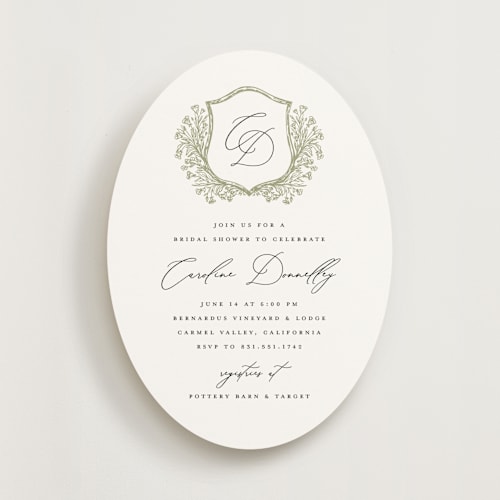 This is a olive bridal shower invitations with standard by Erin Deegan called traditional monogram printing on signature in standard