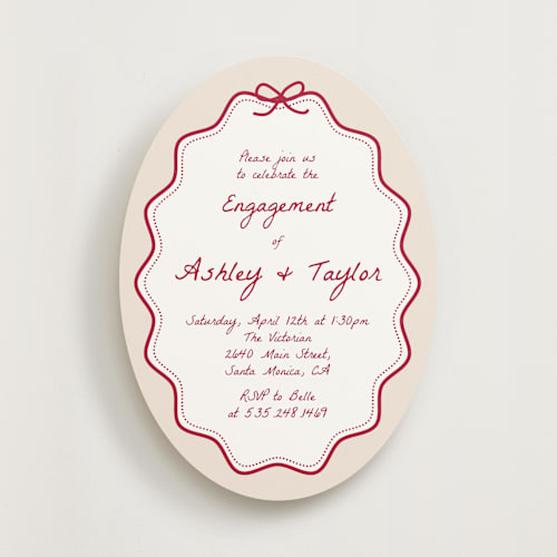 This is a wine engagement party invitations with standard by Cass Loh called wavy oval printing on signature in standard