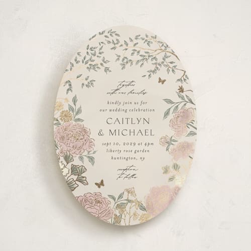 This is a blush meadow foil stamped wedding invitations with foil pressed by Grae called dancing in the garden printing on signature in standard