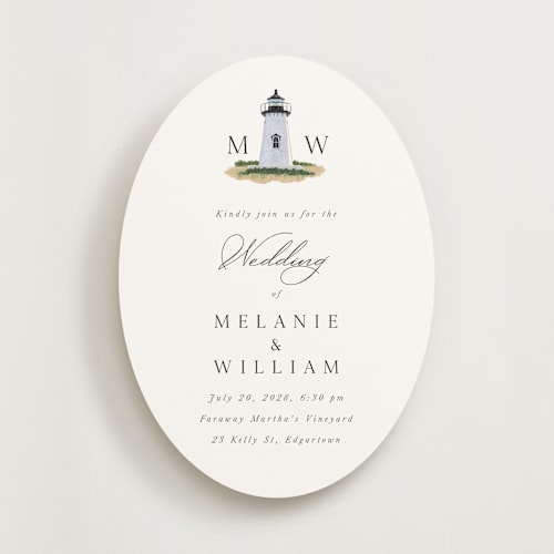 This is a snow wedding invitations with standard by Becky Nimoy called east coast lighthouse printing on signature in standard