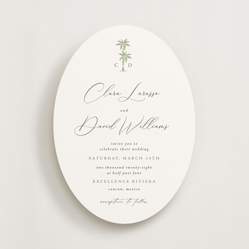 This is a leaf wedding invitations with standard by Olivia Raufman called palm monogram printing on signature in standard