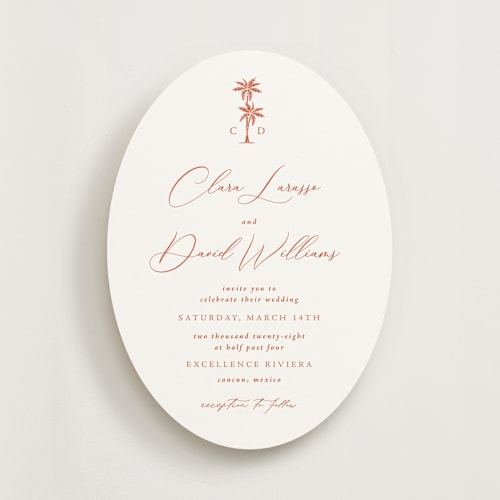 This is a persimmon wedding invitations with standard by Olivia Raufman called palm monogram printing on signature in standard