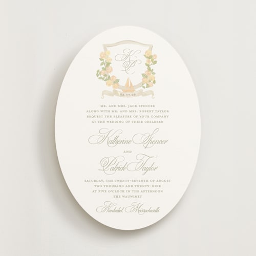 This is a buttercup wedding invitations with standard by Creo Study called coastal crest printing on signature in standard