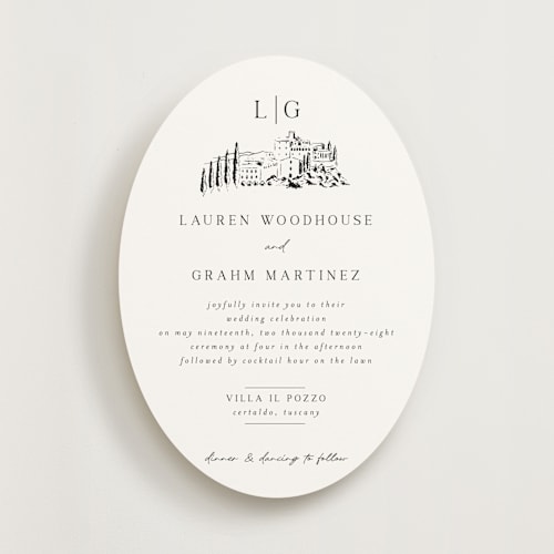 This is a noir wedding invitations with standard by Shiny Penny Studio called countryside villa printing on signature in standard