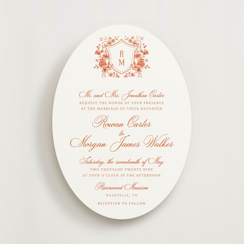This is a burnt terracotta wedding invitations with standard by Cass Loh called blooming crest printing on signature in standard