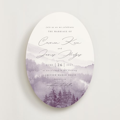 This is a lavender wedding invitations with standard by Helen Halik called over the mountains printing on signature in standard