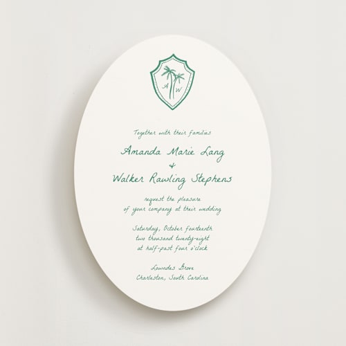 This is a palm wedding invitations with standard by Erika Firm called palm tree crest printing on signature in standard