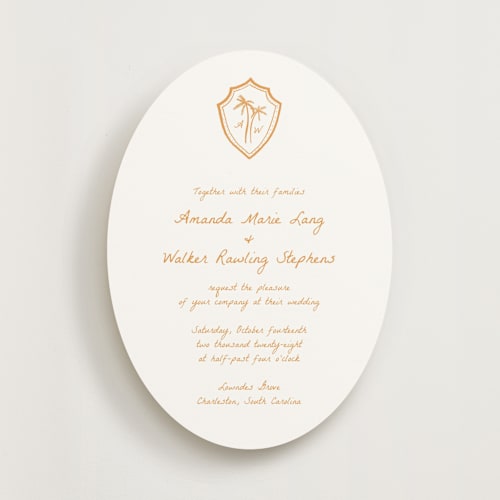 This is a mango wedding invitations with standard by Erika Firm called palm tree crest printing on signature in standard
