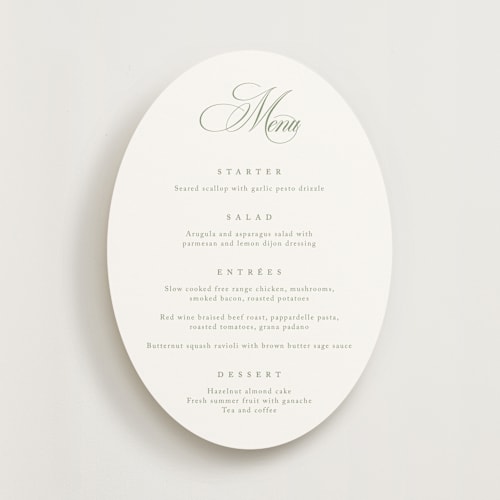 This is a garden menu cards with standard by Kelly Schmidt called chic script printing on signature in 5x7