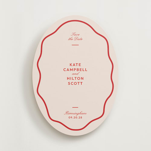 This is a cherry save the date with standard by Megan Davis called croquet printing on signature in standard