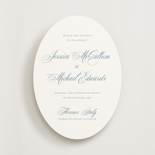 This is a dusty blue save the date with standard by Jennifer Postorino called empire printing on signature in standard