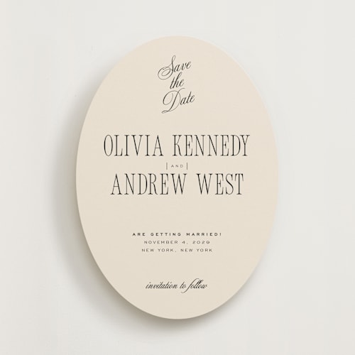 This is a almond save the date with standard by Eric Clegg called modern romance printing on signature in standard