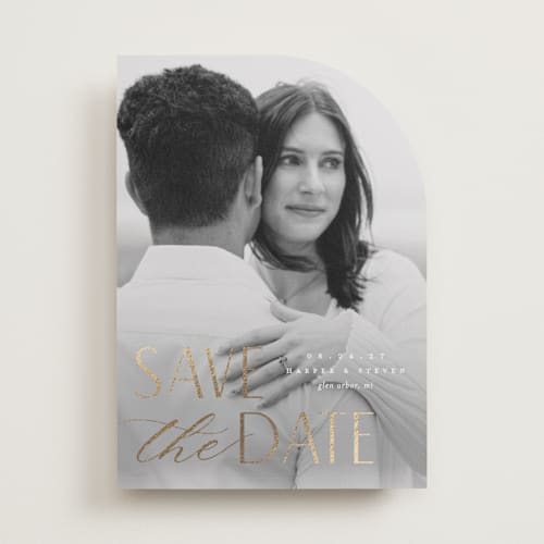 This is a snow foil stamped save the date cards with foil pressed by Pixel and Hank called yours forever printing on recycled smooth signature in standard