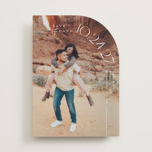 This is a pearl save the date with standard by Brooke Chandler called curved date printing on recycled smooth signature in standard