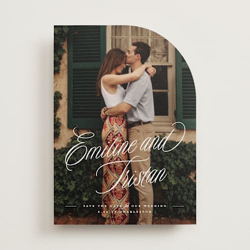 This is a cotton save the date with standard by Susan Zinader called sentimental script printing on recycled smooth signature in standard