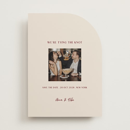 This is a burgundy save the date with standard by Ani Somi called center cut printing on recycled smooth signature in standard