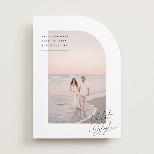 This is a silk save the date with standard by Kelly Schmidt called small corner printing on recycled smooth signature in standard