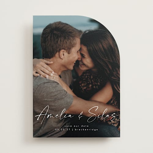 This is a marshmallow save the date with standard by Lea Delaveris called because of you printing on recycled smooth signature in standard