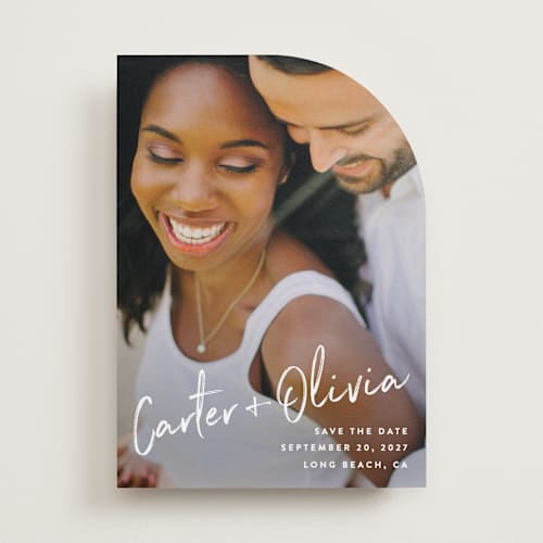 This is a pearl save the date with standard by Owl and Toad called signature printing on recycled smooth signature in standard