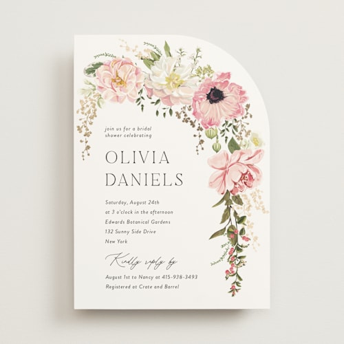 This is a peony bridal shower invitations with foil pressed by Susan Moyal called timeless blooms printing on signature in standard