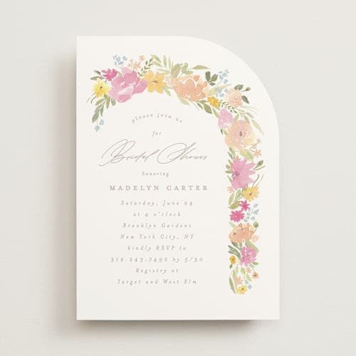 This is a peony bridal shower invitations with standard by Creo Study called blooming arch printing on signature in standard