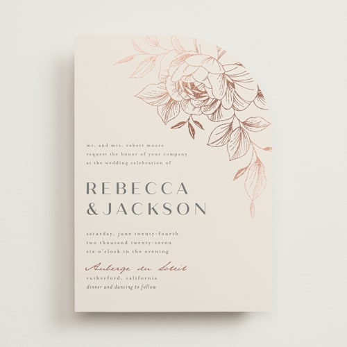This is a creme foil stamped wedding invitations with foil pressed by Stardust Design Studio called lovely printing on signature in standard