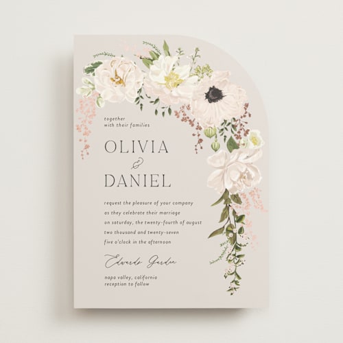 This is a mist foil stamped wedding invitations with foil pressed by Susan Moyal called timeless blooms printing on signature in standard