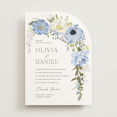 This is a azure foil stamped wedding invitations with foil pressed by Susan Moyal called timeless blooms printing on signature in standard
